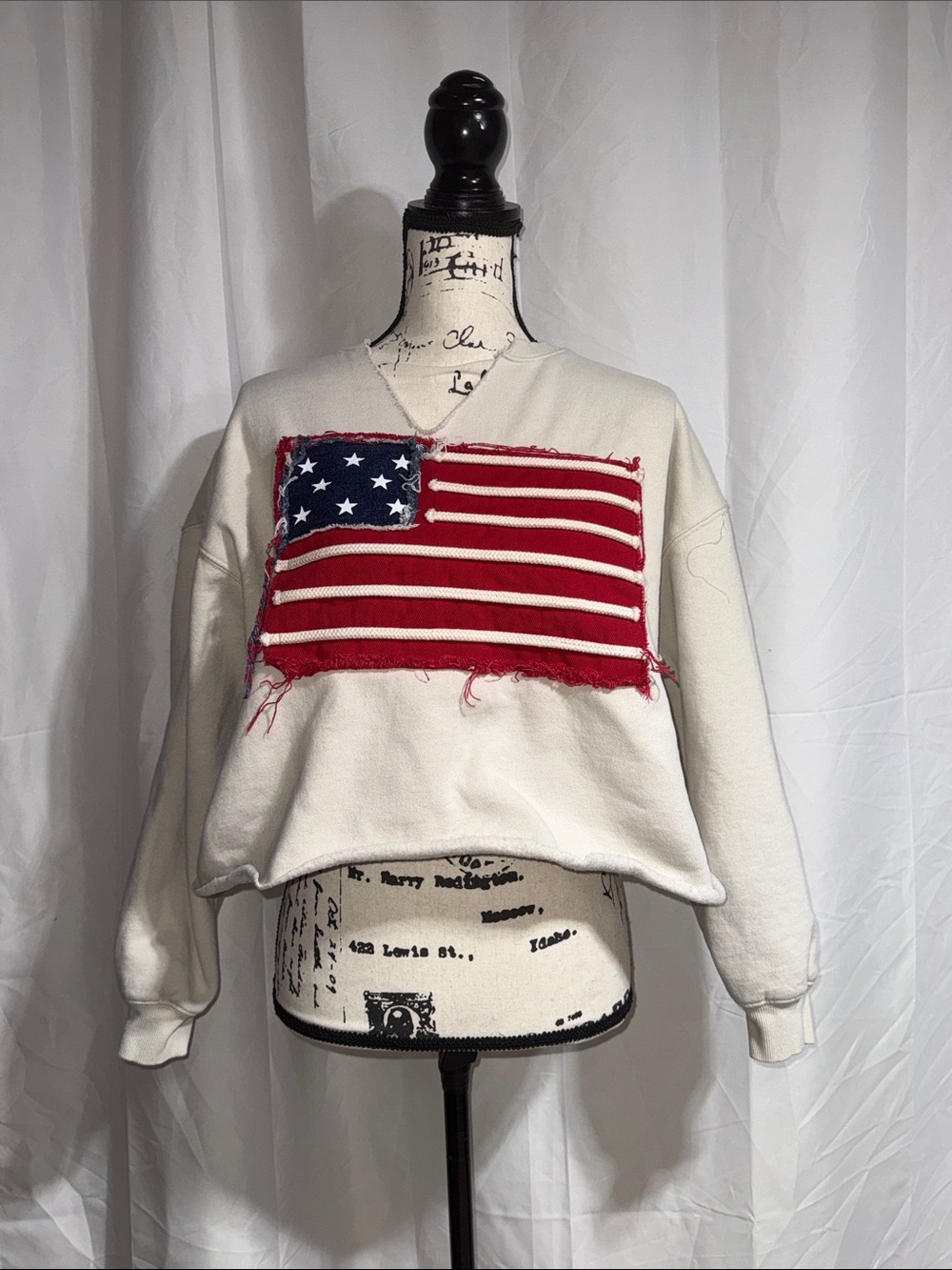 Vintage Havana Crewneck Sweater with Distressed Red, White & Blue Flag Patch